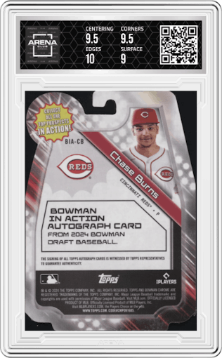 Chase Burns from the 2024 Bowman Draft set featuring a Lava Refractor parallel graded by Arena Club and given an overall grade of 9.5.