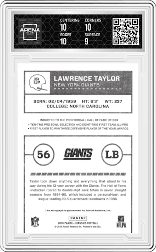 Lawrence Taylor from the 2016 Panini Classics   set featuring a Silver parallel graded by Arena Club and given an overall grade of 9.5.