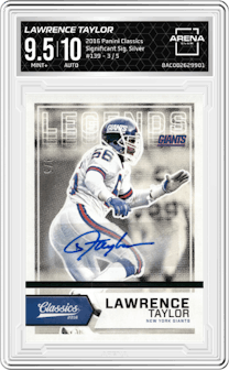 Lawrence Taylor from the 2016 Panini Classics   set featuring a Silver parallel graded by Arena Club and given an overall grade of 9.5.