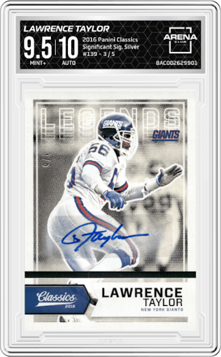 Lawrence Taylor from the 2016 Panini Classics   set featuring a Silver parallel graded by Arena Club and given an overall grade of 9.5.