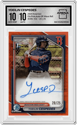 Yoeilin Cespedes from the 2024 Bowman set featuring a Orange Wave Refractor parallel graded by Arena Club and given an overall grade of 10.