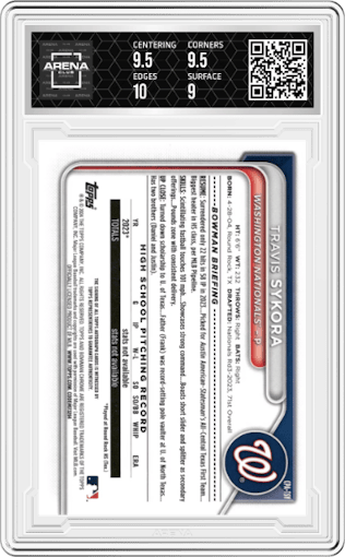 Travis Sykora from the 2024 Bowman set featuring a HTA Gold Lava Refractor parallel graded by Arena Club and given an overall grade of 9.5.
