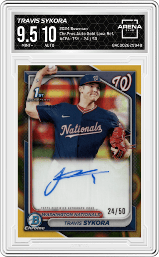 Travis Sykora from the 2024 Bowman set featuring a HTA Gold Lava Refractor parallel graded by Arena Club and given an overall grade of 9.5.
