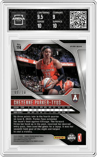 Cheyenne Parker-Tyus from the 2024 Panini Prizm WNBA set featuring a Gold Prizm parallel graded by Arena Club and given an overall grade of 9.5.
