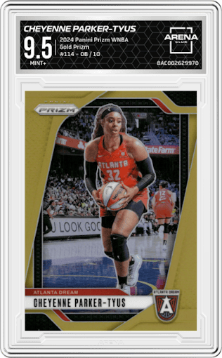 Cheyenne Parker-Tyus from the 2024 Panini Prizm WNBA set featuring a Gold Prizm parallel graded by Arena Club and given an overall grade of 9.5.