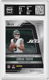 Jordan Travis from the 2024 Panini Prizm set featuring a Purple Power Prizm parallel graded by Arena Club and given an overall grade of 9.