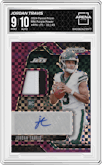 Jordan Travis from the 2024 Panini Prizm set featuring a Purple Power Prizm parallel graded by Arena Club and given an overall grade of 9.
