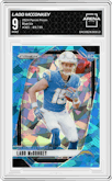 Ladd McConkey from the 2024 Panini Prizm set featuring a Blue Ice parallel graded by Arena Club and given an overall grade of 9.