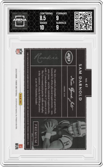 Sam Darnold from the 2018 Panini One set featuring a Bronze parallel graded by Arena Club and given an overall grade of 9.
