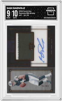 Sam Darnold from the 2018 Panini One set featuring a Bronze parallel graded by Arena Club and given an overall grade of 9.