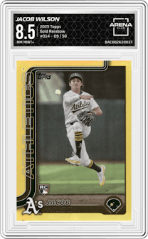 Jacob Wilson from the 2025 Topps set featuring a Gold Rainbow parallel graded by Arena Club and given an overall grade of 8.5.