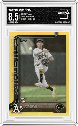 Jacob Wilson from the 2025 Topps set featuring a Gold Rainbow parallel graded by Arena Club and given an overall grade of 8.5.
