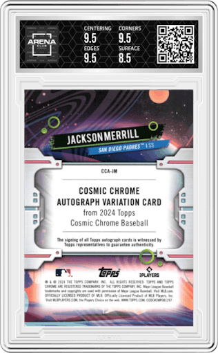 Jackson Merrill from the 2024 Topps Cosmic Chrome set featuring a Green Space Dust Refractor parallel graded by Arena Club and given an overall grade of 9.