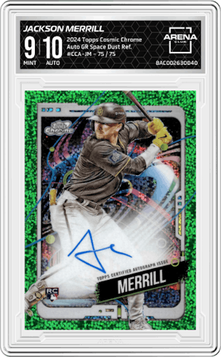 Jackson Merrill from the 2024 Topps Cosmic Chrome set featuring a Green Space Dust Refractor parallel graded by Arena Club and given an overall grade of 9.