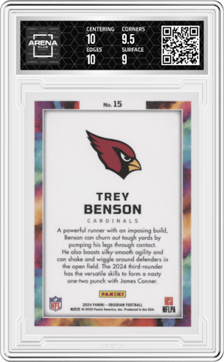 Trey Benson from the 2024 Panini Obsidian set graded by Arena Club and given an overall grade of 9.5.