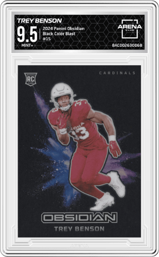 Trey Benson from the 2024 Panini Obsidian set graded by Arena Club and given an overall grade of 9.5.