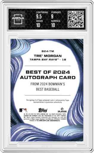 Tre' Morgan from the 2024 Bowman's Best set featuring a Gold Mini-Diamond Refractor parallel graded by Arena Club and given an overall grade of 9.5.