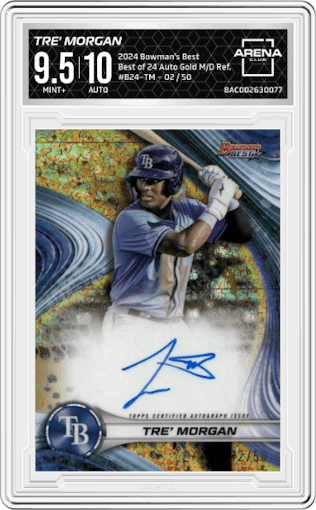 Tre' Morgan from the 2024 Bowman's Best set featuring a Gold Mini-Diamond Refractor parallel graded by Arena Club and given an overall grade of 9.5.
