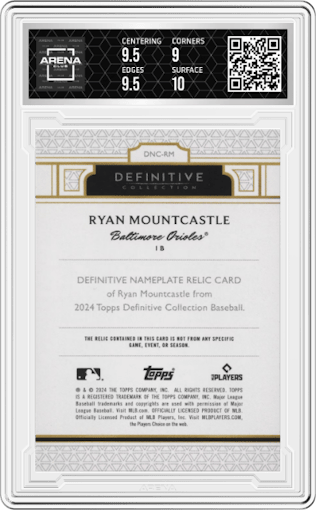 Ryan Mountcastle from the 2024 Topps Definitive Collection set graded by Arena Club and given an overall grade of 9.5.