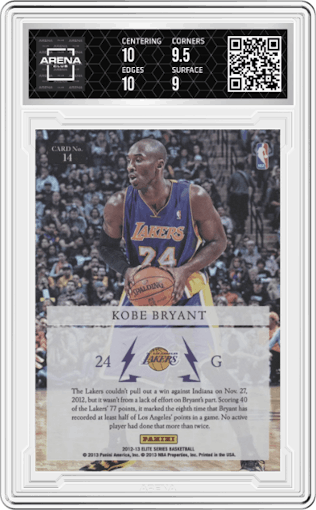 Kobe Bryant from the 2012-13 Panini Elite Series set graded by Arena Club and given an overall grade of 9.5.