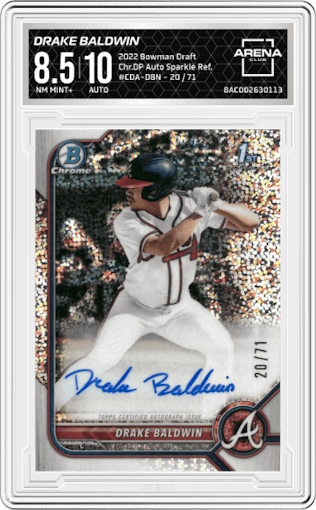 Drake Baldwin from the 2022 Bowman Draft set featuring a Sparkle Refractor parallel graded by Arena Club and given an overall grade of 8.5.