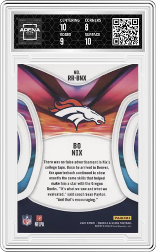 Bo Nix from the 2024 Panini Rookies & Stars set featuring a Green parallel graded by Arena Club and given an overall grade of 8.5.