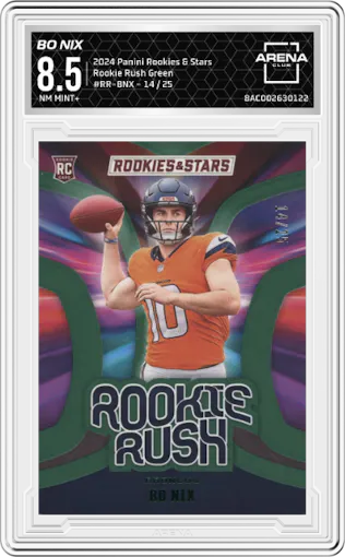 Bo Nix from the 2024 Panini Rookies & Stars set featuring a Green parallel graded by Arena Club and given an overall grade of 8.5.