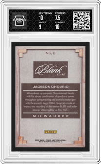 Jackson Chourio from the 2024 Panini Three and Two set graded by Arena Club and given an overall grade of 8.