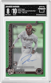 James Wood from the 2025 Topps set featuring a Green Foil parallel graded by Arena Club and given an overall grade of 8.