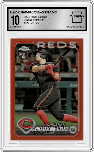 Christian Encarnacion-Strand from the 2024 Topps Chrome set featuring a Orange Refractor parallel graded by Arena Club and given an overall grade of 10.