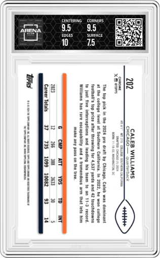 Caleb Williams from the 2024 Topps Chrome set featuring a Gold Geometric Refractor parallel graded by Arena Club and given an overall grade of 8.