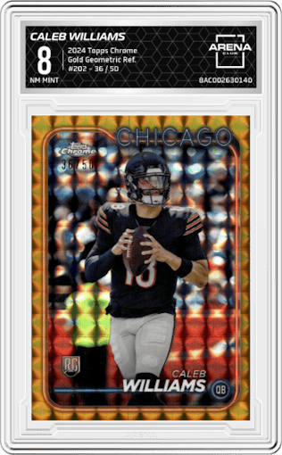 Caleb Williams from the 2024 Topps Chrome set featuring a Gold Geometric Refractor parallel graded by Arena Club and given an overall grade of 8.