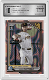 Kash Mayfield from the 2024 Bowman Draft set featuring a Rose Gold Lava Refractor parallel graded by Arena Club and given an overall grade of 10.