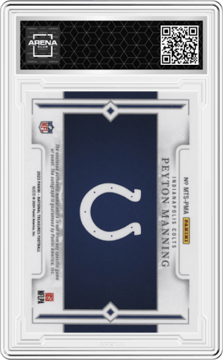 Peyton Manning from the 2023 Panini National Treasures set featuring a Holo Silver parallel graded by Arena Club.