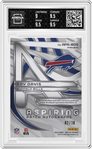 Ray Davis from the 2024 Panini Spectra set featuring a Meta parallel graded by Arena Club and given an overall grade of 9.5.