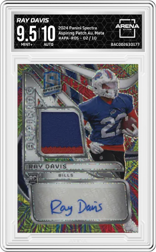 Ray Davis from the 2024 Panini Spectra set featuring a Meta parallel graded by Arena Club and given an overall grade of 9.5.