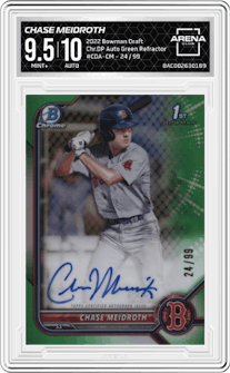 Chase Meidroth from the 2022 Bowman Draft set featuring a Green Refractor parallel graded by Arena Club and given an overall grade of 9.5.