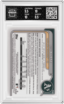 Nick Kurtz from the 2024 Bowman Draft set featuring a Purple Refractor parallel graded by Arena Club and given an overall grade of 9.