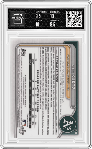 Nick Kurtz from the 2024 Bowman Draft set featuring a Purple Refractor parallel graded by Arena Club and given an overall grade of 9.