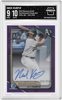 Nick Kurtz from the 2024 Bowman Draft set featuring a Purple Refractor parallel graded by Arena Club and given an overall grade of 9.