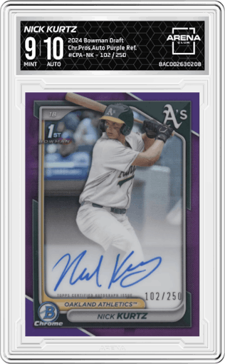 Nick Kurtz from the 2024 Bowman Draft set featuring a Purple Refractor parallel graded by Arena Club and given an overall grade of 9.