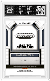 Matas Buzelis from the 2023-24 Panini Prizm Draft Picks set featuring a Orange Pulsar parallel graded by Arena Club and given an overall grade of 9.5.