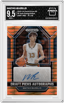 Matas Buzelis from the 2023-24 Panini Prizm Draft Picks set featuring a Orange Pulsar parallel graded by Arena Club and given an overall grade of 9.5.