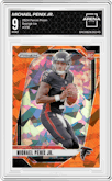 Michael Penix Jr. from the 2024 Panini Prizm set featuring a Orange Ice parallel graded by Arena Club and given an overall grade of 9.