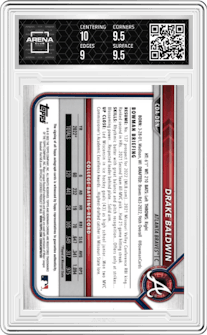Drake Baldwin from the 2022 Bowman Draft set featuring a Purple Refractor parallel graded by Arena Club and given an overall grade of 9.5.