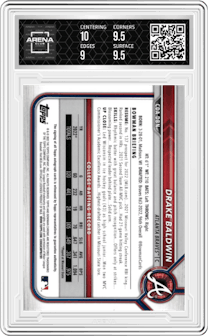 Drake Baldwin from the 2022 Bowman Draft set featuring a Purple Refractor parallel and given an overall grade of 9.5.
