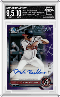 Drake Baldwin from the 2022 Bowman Draft set featuring a Purple Refractor parallel graded by Arena Club and given an overall grade of 9.5.