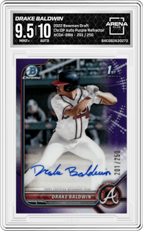 Drake Baldwin from the 2022 Bowman Draft set featuring a Purple Refractor parallel and given an overall grade of 9.5.