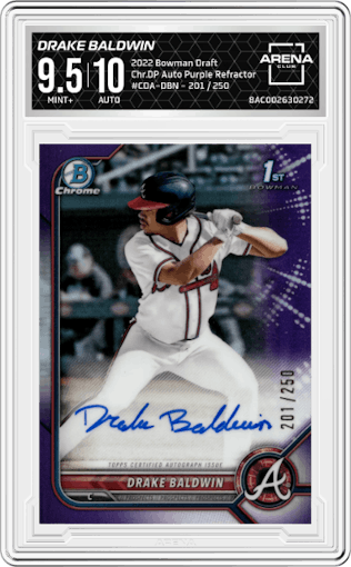 Drake Baldwin from the 2022 Bowman Draft set featuring a Purple Refractor parallel graded by Arena Club and given an overall grade of 9.5.