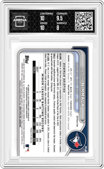 Arjun Nimmala from the 2024 Bowman set featuring a Refractor parallel and given an overall grade of 8.5.